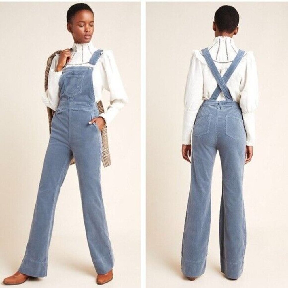 Anthropologie Pilcro Jamina Corduroy Overalls Womens 28 Blue Flare Leg Dungarees
